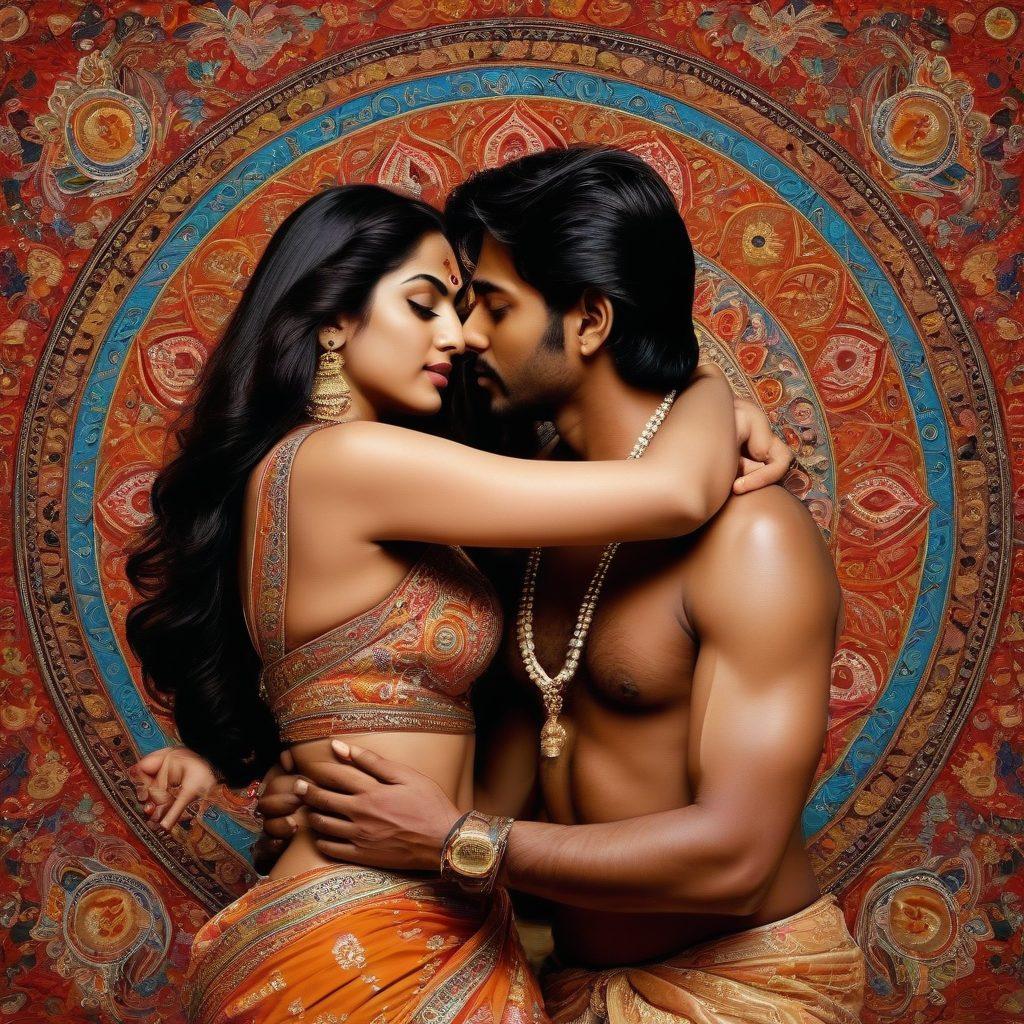 A captivating collage featuring iconic scenes from classic Indian erotic cinema, showcasing expressive characters entwined in romantic poses, surrounded by traditional motifs and vivid colors. Include glimpses of vintage film reels and ornate film posters to evoke nostalgia. The background should have a rich tapestry of Indian textile patterns to enhance the cultural essence. The image should radiate an alluring and mysterious vibe. super-realistic. vibrant colors. intricate details.