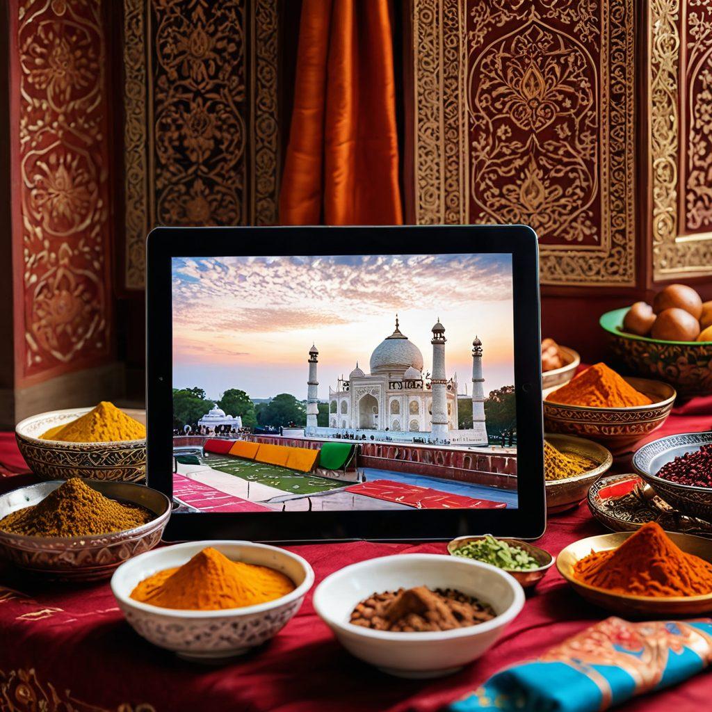 A vibrant, culturally rich scene depicting a fusion of traditional Indian motifs and modern adult video streaming elements. Include colorful textiles, Indian spices, and digital devices like tablets or smartphones showing streaming platforms. Blend imagery of iconic Indian landmarks with a modern twist to represent the cultural impact. Use warm, inviting colors to create an engaging atmosphere. super-realistic. vibrant colors. 3D.